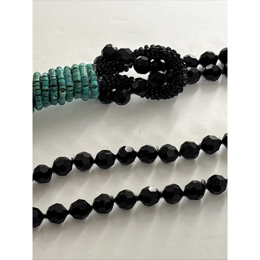 Victorian Jet Black Faceted Beaded Mourning Necklace with Turquoise Accent